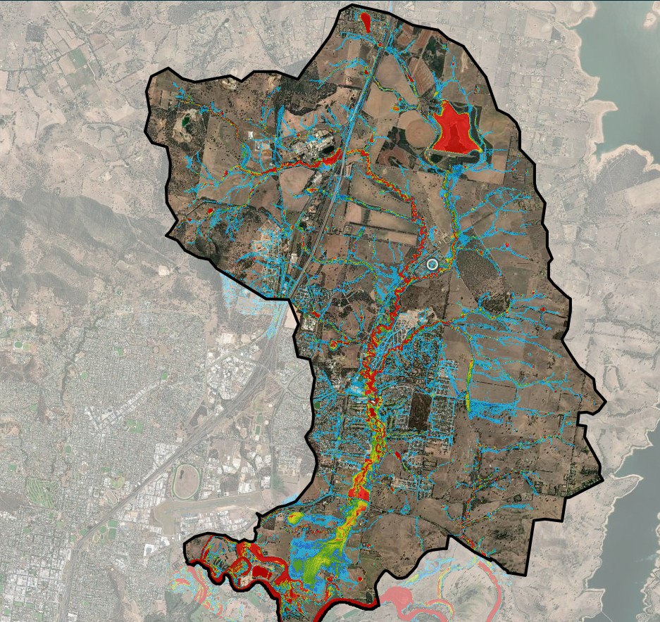 A map of the study area for the Eight Mile Creek Flood Study Review. The map is a photographic aerial including suburbs, Thurgoona, Wirlinga, Table Top, Ettamogah and Springdale Heights.