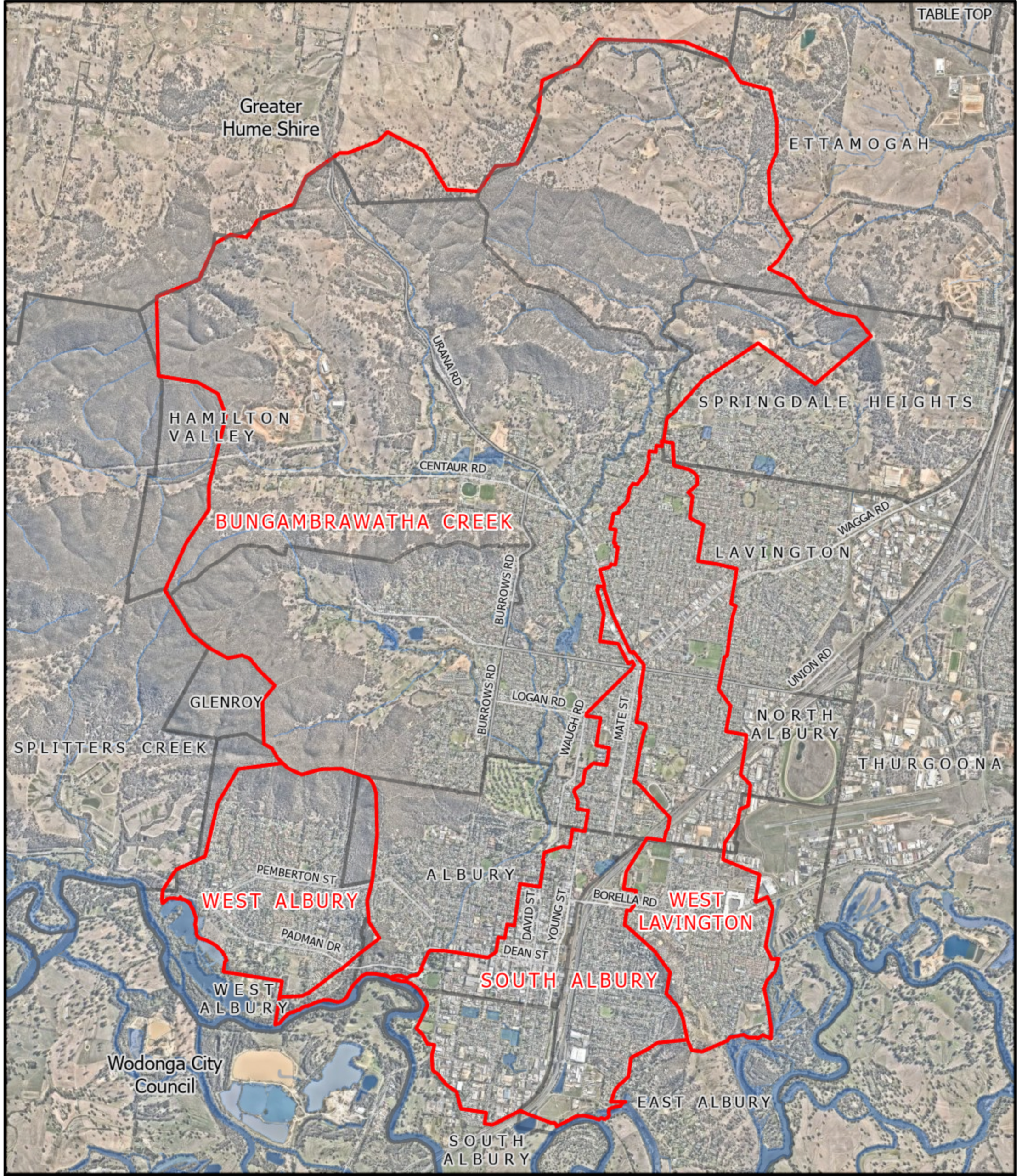 A map showing suburbs and creeks.